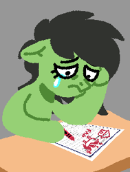 Size: 234x310 | Tagged: safe, artist:anonymous, artist:violet-rain, oc, oc:filly anon, :c, crayon, crying, digital art, earth pony, female, filly, floppy ears, foal, frown, gray background, head in hooves, imported from derpibooru, job application, pony, simple background, single tear, solo, table