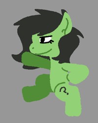 Size: 317x396 | Tagged: safe, artist:anonymous, artist:violet-rain, oc, oc:filly anon, 2026, beginner artist, bipedal, earth pony, female, filly, foal, grin, imported from derpibooru, lidded eyes, newbie artist training grounds, pony, smiling, solo, standing, standing on one leg, walking