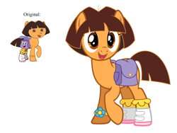 Size: 2236x1680 | Tagged: safe, artist:pegasski, artist:samueldavillo, animate object, backpack, backpack (dora the explorer), base used, bracelet, clothes, crossover, dora márquez, dora the explorer, earth pony, female, filly, foal, g4, imported from derpibooru, improvement, jewelry, open mouth, open smile, ponified, pony, raised hoof, redesign, reference included, rule 85, shoes, simple background, smiling, socks, uncursed image, white background