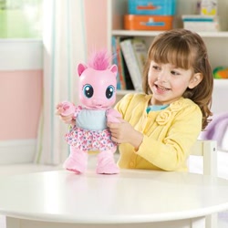 Size: 400x400 | Tagged: safe, photographer:absol, pinkie pie, baby, baby pie, baby pony, bipedal, clothes, cute, diaper, diaper pie, diapinkes, dress, earth pony, female, filly, foal, g4, holding hands, human, human female, imported from derpibooru, indoors, irl, irl human, living room, official, photo, pony, prototype, shirt, skirt, so soft, so soft pinkie pie learns to walk, target demographic, toy, younger