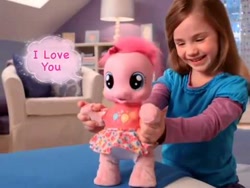 Size: 480x360 | Tagged: safe, pinkie pie, 2011, baby, baby pie, baby pony, bipedal, bow, clothes, commercial, cute, diaper, diaper pie, diapinkes, dress, earth pony, female, filly, foal, g4, hair bow, holding hands, human, human female, i love you, imported from derpibooru, indoors, irl, irl human, living room, photo, pony, screencap, shirt, skirt, so soft, so soft pinkie pie learns to walk, speech bubble, target demographic, toy, younger