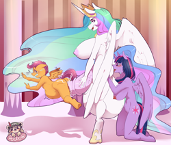 Size: 2292x1948 | Tagged: explicit, grimdark, artist:midnightgospel, princess celestia, scootaloo, twilight sparkle, abdominal bulge, alicorn, analingus, anthro, balls, banned from derpibooru, big balls, big penis, crying, ethereal mane, female, futa, futa princess celestia, imminent death, implied cannibalism, implied snuff, imported from twibooru, impossibly large balls, impossibly large penis, intersex, lolicon, nudity, oral, pegasus, penis, rape, sex, underage, unguligrade anthro, whitekitten