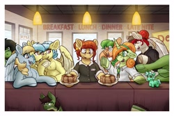 Size: 3725x2483 | Tagged: safe, artist:reddthebat, oc, oc:denny's waitress mare, oc:fair flyer, oc:filly anon, oc:fun raiser, oc:matinee, oc:morning mimosa, oc:soiree, oc:wah wah, alligator, alligator pony, ceiling light, denny's, earth pony, female, filly, fine art parody, foal, food, frog (hoof), g4, horn, hybrid, imported from derpibooru, indoors, lyra heartstrings, mare fair, missing braces, numget, pancakes, pegasus, pony, restaurant, the last supper, underhoof, unicorn