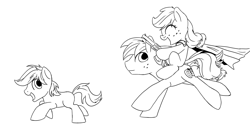 Size: 3508x1904 | Tagged: safe, artist:anonymous, applejack, ^^, big macintosh, braeburn, chase, colt, drawthread, earth pony, eyes closed, female, filly, foal, g4, grayscale, gun, handgun, imported from derpibooru, lineart, looking back, male, monochrome, open mouth, open smile, playing, ponies riding ponies, pony, requested art, riding, riding a pony, running, running away, shootout, smiling, stallion, trio, trio male and female, weapon