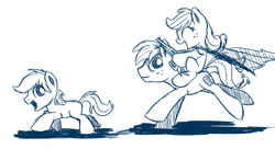 Size: 1000x543 | Tagged: safe, artist:anonymous, applejack, ^^, big macintosh, braeburn, chase, colt, drawthread, earth pony, eyes closed, female, filly, foal, g4, gun, handgun, imported from derpibooru, looking back, male, monochrome, open mouth, open smile, playing, ponies riding ponies, pony, requested art, riding, riding a pony, running, running away, shootout, sketch, smiling, stallion, trio, trio male and female