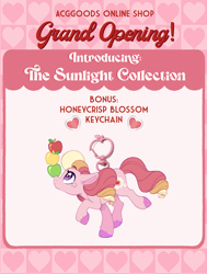 Size: 2064x2730 | Tagged: safe, artist:carouselunique, oc, oc:honeycrisp blossom, advertisement, apple, balancing, earth pony, female, filly, floppy ears, foal, food, freckles, green apple, imported from derpibooru, keychain, looking up, oc only, offspring, parent:big macintosh, parent:princess cadance, parents:cadmac, ponies balancing stuff on their nose, pony, red apple, solo, standing on two hooves, text, yellow apple