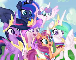 Size: 600x479 | Tagged: safe, artist:jonatanmagic, princess celestia, princess flurry heart, princess luna, twilight sparkle, alicorn, alicorn pentarchy, baby, baby pony, deviantart watermark, female, filly, foal, g4, g5, imported from derpibooru, mare, obtrusive watermark, older, older twilight, older twilight sparkle (alicorn), outdoors, pony, princess cadance, race swap, royal sisters, siblings, sisters, sunny starscout, sunnycorn, watermark
