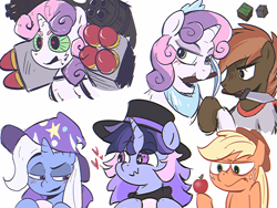 Size: 960x720 | Tagged: safe, artist:moonivy, applejack, button mash, sweetie belle, .mov, :3, apple, colt, don't mine at night, earth pony, eyebrows, female, filly, foal, food, g4, horn, imported from derpibooru, male, mare, minecraft, pony, pony.mov, raised eyebrow, robot, simple background, sweetie bot, tamers12345, trixie, unicorn