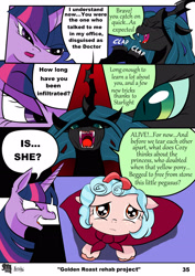 Size: 2480x3508 | Tagged: safe, artist:nicolai, queen chrysalis, twilight sparkle, comic:golden roast rehab project, alicorn, angry, cape, changeling, clapping, clothes, cmc cape, comic, cozy glow, female, filly, foal, g4, horn, implied starlight glimmer, imported from derpibooru, laughing, mare, menacing, open mouth, pegasus, scared, unshorn fetlocks, yelling