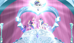Size: 1920x1126 | Tagged: safe, artist:jonatanmagic, princess flurry heart, shining armor, twilight sparkle, oc, oc:lovery, alicorn, baby, baby pony, crystal pony, female, filly, foal, g4, horn, imported from derpibooru, male, mare, offspring, older, older flurry heart, older princess cadance, older twilight, older twilight sparkle (alicorn), parent:princess cadance, parent:shining armor, parents:shiningcadance, pegasus, pony, princess cadance, ship:shiningcadance, shipping, stallion, straight, unicorn