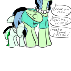 Size: 2000x2000 | Tagged: safe, artist:hotwater, oc, oc:mask mare, oc:mask mare's mom, clothes, dress, duo, female, filly, foal, head out of frame, hiding behind tail, imported from derpibooru, jewelry, mare, necklace, oc only, pearl necklace, pegasus, pony, simple background, white background
