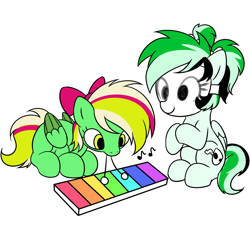 Size: 2000x2000 | Tagged: safe, artist:hotwater, oc, oc:gumdrops, oc:mask mare, bow, duo, female, filly, foal, hair bow, imported from derpibooru, mare, mask, oc only, pegasus, pegasus oc, pigtails, playing instrument, pony, simple background, white background, xylophone