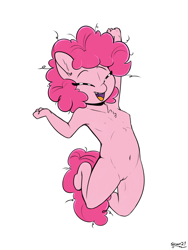 Size: 1500x2000 | Tagged: explicit, artist:skoon, pinkie pie, anthro, banned from derpibooru, belly button, chest fluff, cute, diapinkes, earth pony, eyes closed, female, filly pinkie pie, imported from twibooru, leaping, lolicon, nipples, nudity, open mouth, ponk, simple background, solo, solo female, tooth gap, underage, unguligrade anthro, vulva, white background, younger