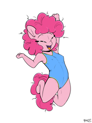 Size: 1500x2000 | Tagged: explicit, artist:skoon, pinkie pie, alternate version, anthro, banned from derpibooru, belly button, chest fluff, clothes, cute, diapinkes, earth pony, eyes closed, female, filly pinkie pie, imported from twibooru, leaping, lolicon, nipples, nudity, open mouth, ponk, simple background, solo, solo female, swimsuit, tooth gap, underage, unguligrade anthro, vulva, white background, younger