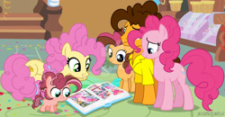 Size: 1920x1000 | Tagged: safe, artist:jonatanmagic, pinkie pie, oc, oc:cut glass, oc:party plex, cheese sandwich, colt, deviantart watermark, earth pony, female, filly, foal, g4, imported from derpibooru, indoors, li'l cheese, male, mare, obtrusive watermark, offspring, older, older li'l cheese, parent:cheese sandwich, parent:pinkie pie, parents:cheesepie, pony, ship:cheesepie, shipping, stallion, straight, watermark