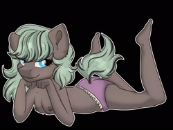 Size: 2048x1538 | Tagged: explicit, artist:dumbwoofer, oc, oc:forest air, anthro, banned from derpibooru, black background, breasts, clothes, earth pony, feet, female, imported from twibooru, laying on stomach, lolicon, looking at you, nipples, nudity, oc only, panties, partial nudity, plantigrade anthro, prone, simple background, smiling, smiling at you, solo, solo female, tail, teenager, topless, underage, underwear, white outline
