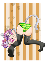 Size: 849x1200 | Tagged: questionable, artist:anibaruthecat, sweetie belle, abstract background, banned from derpibooru, boots, cat, cat tail, catgirl, clothes, female, females only, human, human coloration, humanized, imported from twibooru, lolicon, one eye closed, panties, shoes, smiling, solo, tail, underage, underwear, wink