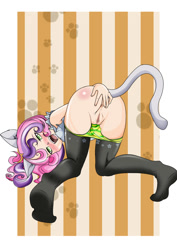 Size: 849x1200 | Tagged: explicit, artist:anibaruthecat, sweetie belle, abstract background, alternate version, banned from derpibooru, boots, butt, cat, cat tail, catgirl, clothes, female, human, human coloration, humanized, imported from twibooru, lolicon, panties, panties pulled down, shoes, solo, solo female, sweetie butt, tail, underage, underwear