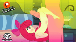 Size: 900x506 | Tagged: explicit, artist:theminus, apple bloom, animated, banned from derpibooru, bed, big penis, equestria girls, female, heart eyes, imported from twibooru, intercrural sex, laying on bed, lolicon, no sound, nudity, on bed, penis, precum, sex, underage, webm, wingding eyes