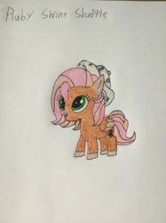 Size: 1280x1707 | Tagged: safe, artist:draculauralove29, oc, oc:ruby swing, coat markings, colored wings, facial markings, female, filly, foal, hat, imported from derpibooru, looking at you, looking up, markings, oc only, offspring, parent:big macintosh, parent:fluttershy, parents:fluttermac, pegasus, pith helmet, pony, smiling, smiling at you, snip (coat marking), solo, traditional art, two toned wings, unshorn fetlocks, wings