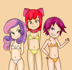 Size: 853x832 | Tagged: suggestive, apple bloom, scootaloo, sweetie belle, artist needed, banned from derpibooru, belly button, bra, clothes, cutie mark crusaders, female, human, humanized, imported from twibooru, lolicon, panties, scarf, simple background, underage, underwear