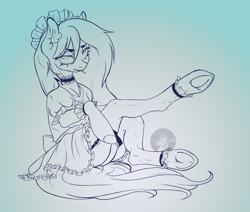 Size: 6500x5500 | Tagged: suggestive, artist:liho, oc, oc:filly anon, angry eyes, bow, butt, choker, cigarette, clothes, ear fluff, earth pony, eye clipping through hair, eyebrows, eyebrows down, eyebrows visible through hair, female, filly, foal, frog (hoof), garter belt, gradient background, imported from derpibooru, lace, legs in air, legwear, lineart, long hair, long mane, long tail, looking at you, maid, maid headdress, mare, messy mane, messy tail, muscles, oc only, pony, presenting, presenting butt, raised leg, smoking, solo, spread legs, spreading, stockings, tail, tired eyes, underhoof
