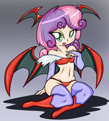 Size: 845x940 | Tagged: suggestive, artist:ambris, sweetie belle, banned from derpibooru, boots, bra, clothes, cosplay, costume, darkstalkers, female, human, humanized, imported from twibooru, lilith aensland, lolicon, looking at you, panties, shoes, solo, solo female, succubus, underage, underwear, wings