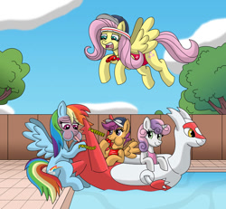 Size: 929x860 | Tagged: safe, artist:gameboysage, fluttershy, rainbow dash, scootaloo, sweetie belle, blowing up floaty, blowing whistle, clothes, coaching cap, cute, cutealoo, dashabetes, diasweetes, female, filly, floaty, foal, fwee, g4, headband, horn, imported from derpibooru, inflatable pokémon, inflating, inflation valve, inflation valve on butt, latias, legendary pokémon, lifeguard, lifeguard fluttershy, mare, one-piece swimsuit, onomatopoeia, outdoors, pegasus, pokémon, pony, pool toy, puffing, puffy cheeks, rainblow dash, rainbow dashs coaching whistle, red face, riding, shyabetes, swimming pool, swimsuit, tired, traditional art, unicorn, whistle, whistle in mouth, whistle necklace, worried