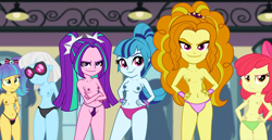 Size: 1350x695 | Tagged: explicit, adagio dazzle, apple bloom, aria blaze, photo finish, sonata dusk, banned from derpibooru, belly button, bow, breasts, clothes, delicious flat chest, edit, edited screencap, equestria girls, female, imported from twibooru, lolicon, nude edit, nudity, panties, partial nudity, partial nudity edit, rainbow rocks, screencap, the dazzlings, topless, underage, underwear, vulva
