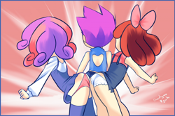 Size: 800x533 | Tagged: suggestive, artist:drantyno, apple bloom, scootaloo, sweetie belle, banned from derpibooru, bow, butt bump, butt to butt, butt touch, clothes, cutie mark crusaders, denim, denim dress, dress, earth pony, edit, female, frilly underwear, hair bow, human, human edit, humanized, imported from twibooru, lolicon, panties, pegasus, pink underwear, skirt, underage, underwear, unicorn, upskirt, white underwear