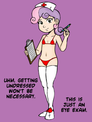 Size: 720x945 | Tagged: suggestive, artist:megasweet, sweetie belle, banned from derpibooru, belly button, bikini, breasts, clipboard, clothes, delicious flat chest, edit, female, human, human coloration, humanized, implied pedophilia, imported from twibooru, lolicon, nurse, panties, pen, red swimsuit, simple background, socks, stockings, swimsuit, thigh highs, underage, underwear, zettai ryouiki