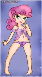 Size: 872x1593 | Tagged: questionable, artist:anibaruthecat, sweetie belle, abstract background, banned from derpibooru, barefoot, belly button, breasts, cleavage, clothes, delicious flat chest, edit, feet, female, human, human coloration, human edit, humanized, imported from twibooru, lingerie, lolicon, nipples, nudity, panties, ribbon, see-through, solo, solo female, underage, underwear