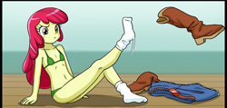 Size: 1248x596 | Tagged: suggestive, artist:uotapo, apple bloom, comic:home alone, banned from derpibooru, belly button, boot, bra, breasts, clothes, clothes swap, delicious flat chest, edit, equestria girls, female, imported from twibooru, lolicon, panties, skirt, socks, solo, underage, underwear