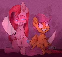 Size: 2048x1877 | Tagged: safe, artist:flufy_morby, pinkie pie, scootaloo, cleaver, duo, earth pony, female, filly, foal, g4, imported from derpibooru, knife, looking at each other, looking at someone, mare, pegasus, pinkamena diane pie, pony, sitting, smiling, smiling at each other, unshorn fetlocks
