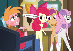 Size: 1291x896 | Tagged: questionable, artist:ohohokapi, apple bloom, scootaloo, sweetie belle, aroused, banned from derpibooru, big mcintosh, bloom butt, blushing, bow, breasts, butt, casual nudity, clothes, cmc foursome, delicious flat chest, edit, equestria girls, female, hairband, implied incest, implied pedophilia, imported from twibooru, lolicon, nipples, nude edit, nudity, scootaflat, socks, stockings, strategically covered, thigh highs, underage