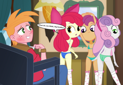 Size: 1291x896 | Tagged: suggestive, artist:ohohokapi, apple bloom, scootaloo, sweetie belle, aroused, banned from derpibooru, big mcintosh, blushing, bow, bra, breasts, clothes, cmc foursome, delicious flat chest, edit, equestria girls, female, hairband, implied incest, implied pedophilia, imported from twibooru, lolicon, panties, scootaflat, stockings, thigh highs, underage, underwear, underwear aside, underwear edit