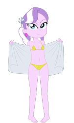 Size: 1398x2316 | Tagged: suggestive, diamond tiara, artist needed, banned from derpibooru, barefoot, barrette, belly button, bikini, breasts, clothes, delicious flat chest, ear piercing, earring, equestria girls, feet, female, imported from twibooru, jewelry, lolicon, looking at you, piercing, simple background, solo, solo female, swimsuit, towel, transparent background, underage, yellow swimsuit