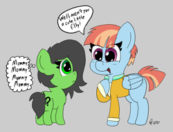Size: 1820x1387 | Tagged: safe, artist:saikobyte, oc, oc:filly anon, duo, duo female, earth pony, female, filly, foal, g4, hoof on chest, imported from derpibooru, looking at each other, looking at someone, mare, pegasus, pony, simple background, speech bubble, thought bubble, windy whistles