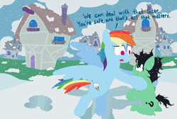 Size: 2400x1610 | Tagged: safe, rainbow dash, oc, oc:colt anon, anonymous artist, cloud, cloudy, colt, dialogue, duo, duo male and female, earth pony, female, flying, foal, g4, hole, hoof on shoulder, house, houses, imported from derpibooru, lineless, looking at each other, looking at someone, male, mare, messy mane, messy tail, no pupils, outdoors, pegasus, pony, ponyville, sitting, snow, snowfall, tail
