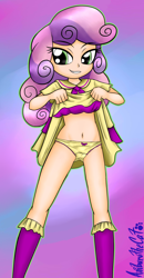 Size: 1150x2212 | Tagged: suggestive, artist:anibaruthecat, sweetie belle, abstract background, banned from derpibooru, boots, clothes, dress, dress lift, edit, female, flashing, human, human coloration, human edit, humanized, imported from twibooru, lolicon, looking at you, panties, shoes, smiling, solo, solo female, underage, underwear