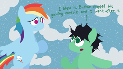 Size: 1920x1080 | Tagged: safe, rainbow dash, oc, oc:colt anon, anonymous artist, cloud, cloudy, colt, dialogue, duo, duo male and female, earth pony, female, flying, foal, frown, g4, implied button mash, imported from derpibooru, lineless, looking at each other, looking at someone, male, mare, messy mane, no pupils, outdoors, pegasus, pony, sitting, snow, snowfall