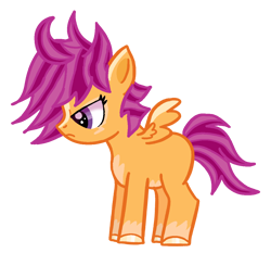 Size: 1130x1052 | Tagged: safe, artist:voyagerbeeblebroxwho, scootaloo, ahoge, alternate design, alternate hairstyle, alternate mane color, alternate tail color, alternate tailstyle, alternate version, blank flank, blaze (coat marking), coat markings, colored hooves, colored wings, derpibooru exclusive, determined, facial markings, female, filly, foal, g4, hooves, imported from derpibooru, magenta mane, multiple variants, orange coat, pegasus, pony, profile, purple eyes, shiny hooves, side view, simple background, small wings, tail, transparent background, two toned mane, two toned tail, two toned wings, wings