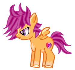 Size: 1130x1052 | Tagged: safe, artist:voyagerbeeblebroxwho, scootaloo, ahoge, alternate design, alternate hairstyle, alternate mane color, alternate tail color, alternate tailstyle, alternate version, blaze (coat marking), coat markings, colored hooves, colored wings, derpibooru exclusive, determined, facial markings, female, filly, foal, g4, hooves, imported from derpibooru, magenta mane, multiple variants, orange coat, pegasus, pony, profile, purple eyes, shiny hooves, side view, simple background, small wings, tail, transparent background, two toned mane, two toned tail, two toned wings, wings