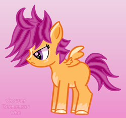 Size: 1130x1052 | Tagged: safe, artist:voyagerbeeblebroxwho, scootaloo, ahoge, alternate design, alternate hairstyle, alternate mane color, alternate tail color, alternate tailstyle, alternate version, blank flank, blaze (coat marking), coat markings, colored hooves, colored wings, derpibooru exclusive, determined, facial markings, female, filly, foal, g4, gradient background, hooves, imported from derpibooru, magenta mane, multiple variants, orange coat, pegasus, pony, profile, purple eyes, shiny hooves, side view, small wings, tail, two toned mane, two toned tail, two toned wings, watermark, wings