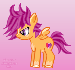 Size: 1130x1052 | Tagged: safe, artist:voyagerbeeblebroxwho, scootaloo, ahoge, alternate design, alternate hairstyle, alternate mane color, alternate tail color, alternate tailstyle, blaze (coat marking), coat markings, colored hooves, colored wings, derpibooru exclusive, determined, facial markings, female, filly, foal, g4, gradient background, hooves, imported from derpibooru, magenta mane, orange coat, pegasus, pony, profile, purple eyes, shiny hooves, side view, small wings, tail, two toned mane, two toned tail, two toned wings, watermark, wings