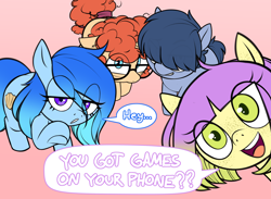Size: 3365x2464 | Tagged: safe, artist:nonobody, oc, bobcut, colt, earth pony, eye clipping through hair, female, filly, foal, freckles, glasses, gradient hair, grin, horn, imported from derpibooru, looking at you, male, oc only, offscreen character, pegasus, pink background, pony, pov, short hair, simple background, smiling, speech bubble, text, unicorn, upper teeth only, you got games on your phone