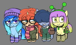 Size: 3725x2226 | Tagged: suggestive, artist:nonobody, oc, alien costume, alternate version, bag, beads, beanie, body freckles, clothes, collar, collared shirt, colt, earth pony, eye clipping through hair, female, filly, fishnet clothing, fishnet stockings, foal, freckles, full body, glasses, gradient hair, gray background, green sweater, grin, hat, headband, horn, imported from derpibooru, legwear, lidded eyes, male, oc only, open mouth, pegasus, pony, saddle bag, scarf, sex toy, shirt, simple background, smiling, socks, stockings, striped scarf, sweater, unicorn, upper teeth only, white shirt