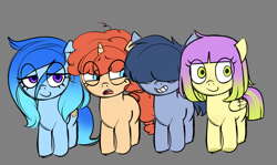 Size: 3725x2226 | Tagged: safe, artist:nonobody, oc, colt, earth pony, female, filly, foal, freckles, full body, gradient hair, gray background, grin, horn, imported from derpibooru, lidded eyes, male, oc only, pegasus, pony, simple background, smiling, unicorn, upper teeth only