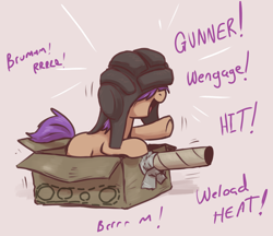 Size: 2720x2350 | Tagged: safe, artist:t72b, oc, oc:tenk pone, blank flank, box, box tank, covering eyes, earth pony, female, filly, foal, helmet, imported from derpibooru, oc only, open mouth, playing, pony, pony in a box, simple background, solo