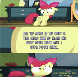 Size: 1538x1522 | Tagged: safe, apple bloom, apple bloom's cutie mark, bloom & gloom, comic, context is for the weak, earth pony, edit, edited screencap, exploitable meme, female, filly, foal, g4, imported from derpibooru, indoors, meme, my little pony: friendship is magic, photoshop, pony, screencap, screencap comic, season 5, solo, text, three little pigs (green jelly)
